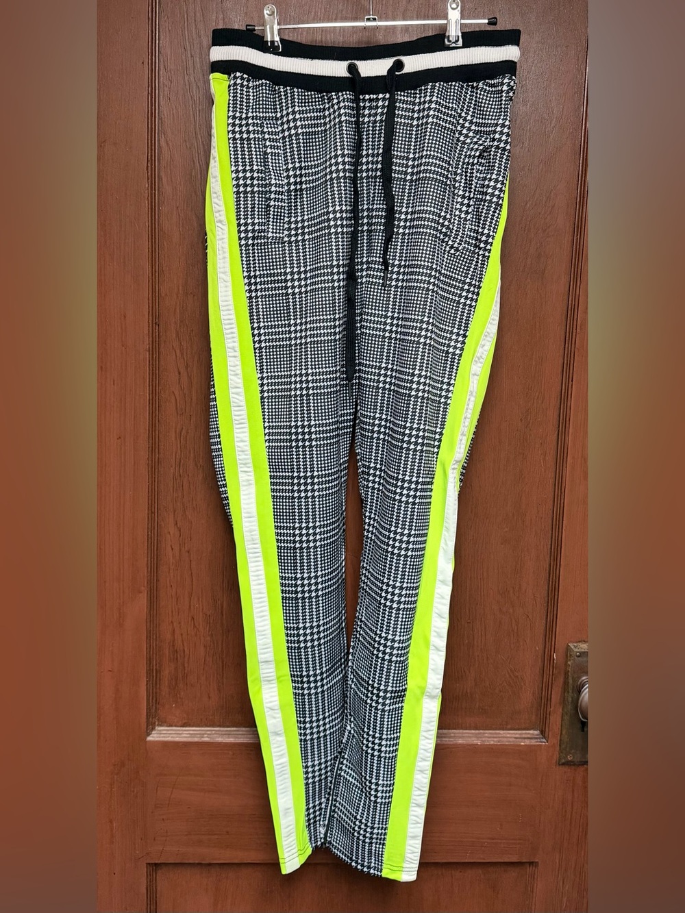 Black & White houndstooth joggers with Neon Yellow Stripe